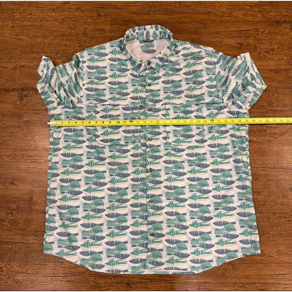 LL Bean Green Tropicwear Fish‎ Print Vented Performance Button Up Shirt Men 3XLT - Picture 8 of 8